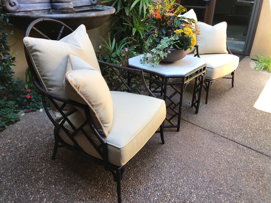 Richard Frinier For Century Furniture PAIR Of Lounge Chairs Orient Collection (Cushions Stored Inside) AND Richard Frinier For Century Furniture Marble Top Orient Collection Side Table Aluminum 26W X 26D X 23H (PICK UP FROM HOME) Total Retails $4,518 [Photo 4]