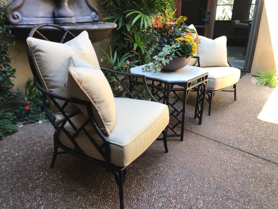 Richard Frinier For Century Furniture PAIR Of Lounge Chairs Orient Collection (Cushions Stored Inside) AND Richard Frinier For Century Furniture Marble Top Orient Collection Side Table Aluminum 26W X 26D X 23H (PICK UP FROM HOME) Total Retails $4,518 [Photo 3]