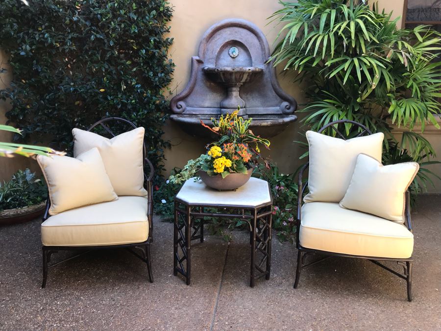 Richard Frinier For Century Furniture PAIR Of Lounge Chairs Orient Collection (Cushions Stored Inside) AND Richard Frinier For Century Furniture Marble Top Orient Collection Side Table Aluminum 26W X 26D X 23H (PICK UP FROM HOME) Total Retails $4,518 [Photo 11]