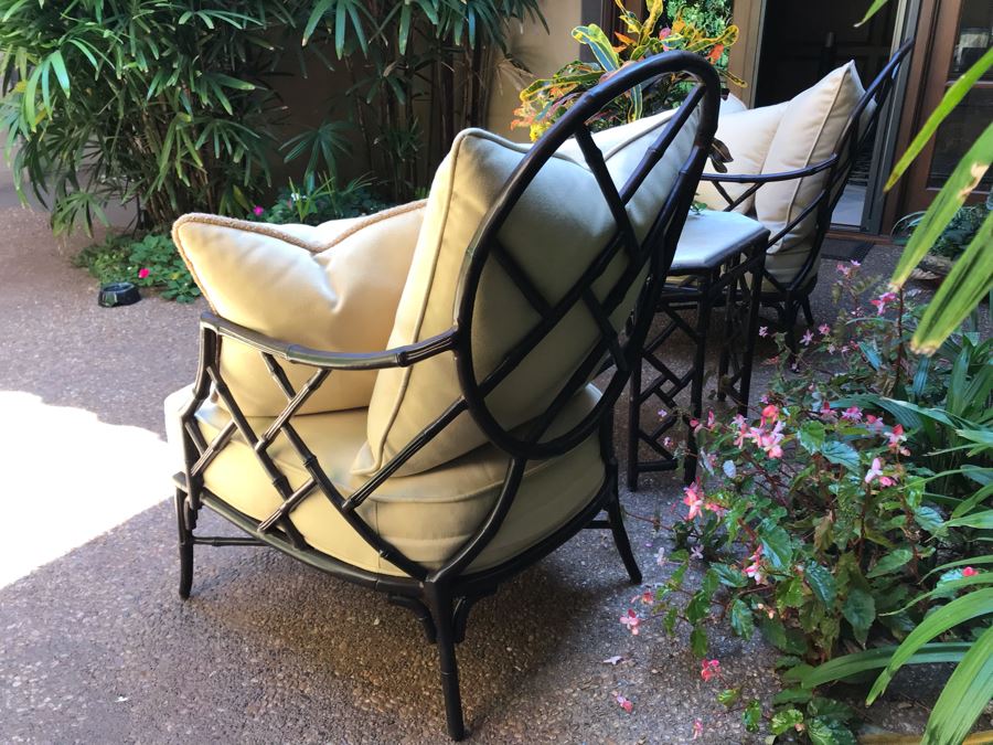 Richard Frinier For Century Furniture PAIR Of Lounge Chairs Orient Collection (Cushions Stored Inside) AND Richard Frinier For Century Furniture Marble Top Orient Collection Side Table Aluminum 26W X 26D X 23H (PICK UP FROM HOME) Total Retails $4,518 [Photo 9]