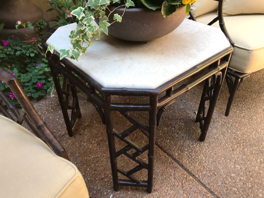 Richard Frinier For Century Furniture PAIR Of Lounge Chairs Orient Collection (Cushions Stored Inside) AND Richard Frinier For Century Furniture Marble Top Orient Collection Side Table Aluminum 26W X 26D X 23H (PICK UP FROM HOME) Total Retails $4,518 [Photo 7]