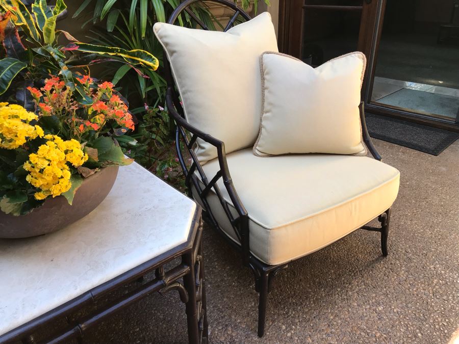 Richard Frinier For Century Furniture PAIR Of Lounge Chairs Orient Collection (Cushions Stored Inside) AND Richard Frinier For Century Furniture Marble Top Orient Collection Side Table Aluminum 26W X 26D X 23H (PICK UP FROM HOME) Total Retails $4,518 [Photo 8]