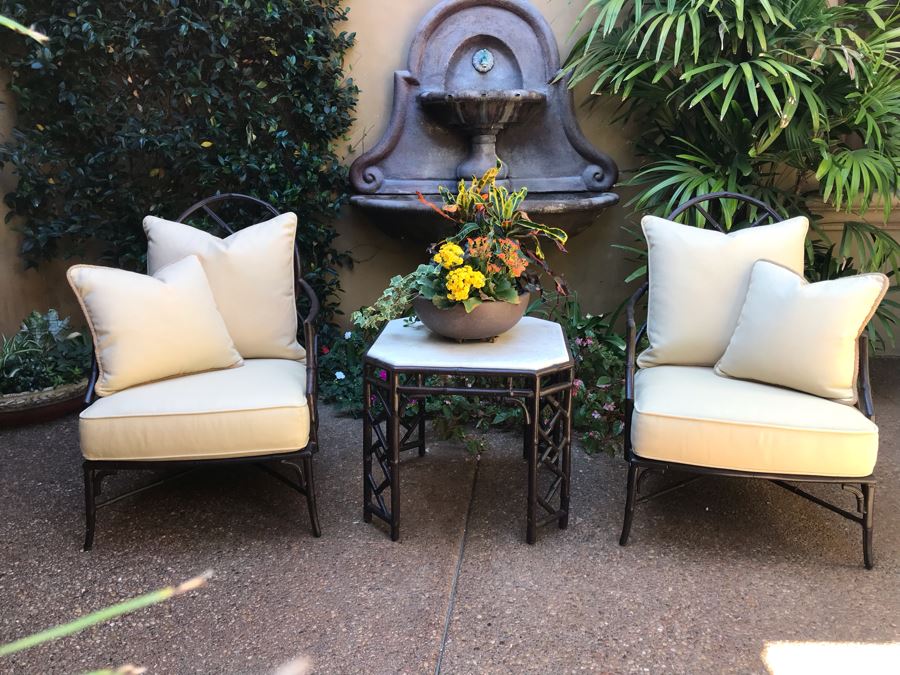 Richard Frinier For Century Furniture PAIR Of Lounge Chairs Orient Collection (Cushions Stored Inside) AND Richard Frinier For Century Furniture Marble Top Orient Collection Side Table Aluminum 26W X 26D X 23H (PICK UP FROM HOME) Total Retails $4,518 [Photo 2]