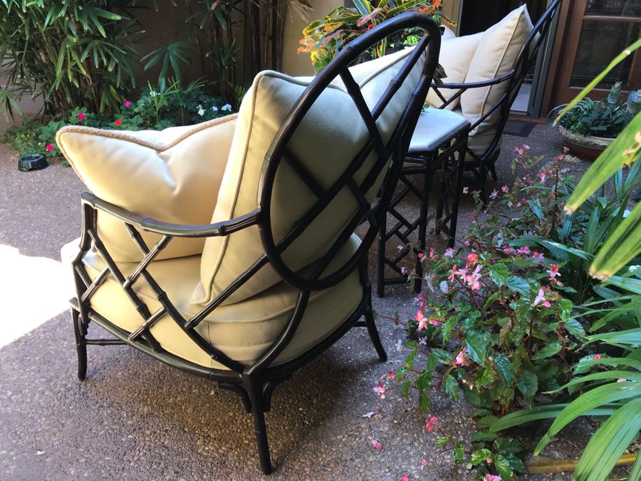 Richard Frinier For Century Furniture PAIR Of Lounge Chairs Orient Collection (Cushions Stored Inside) AND Richard Frinier For Century Furniture Marble Top Orient Collection Side Table Aluminum 26W X 26D X 23H (PICK UP FROM HOME) Total Retails $4,518 [Photo 10]