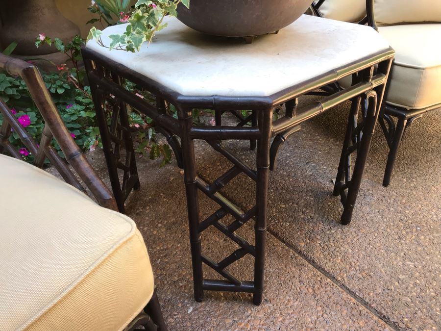 Richard Frinier For Century Furniture PAIR Of Lounge Chairs Orient Collection (Cushions Stored Inside) AND Richard Frinier For Century Furniture Marble Top Orient Collection Side Table Aluminum 26W X 26D X 23H (PICK UP FROM HOME) Total Retails $4,518 [Photo 6]