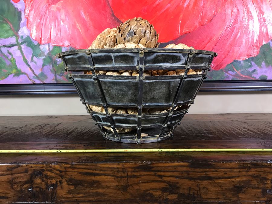 Colossal Metal Fortress Bowl With Faux Pine Cones 22W X 11.5H Retails $370 [Photo 4]