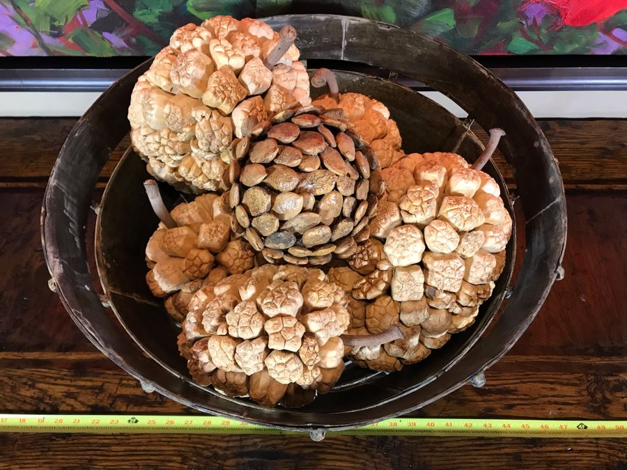 Colossal Metal Fortress Bowl With Faux Pine Cones 22W X 11.5H Retails $370 [Photo 6]