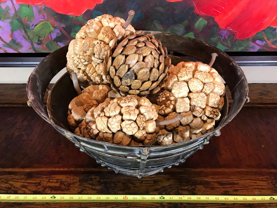 Colossal Metal Fortress Bowl With Faux Pine Cones 22W X 11.5H Retails $370 [Photo 3]