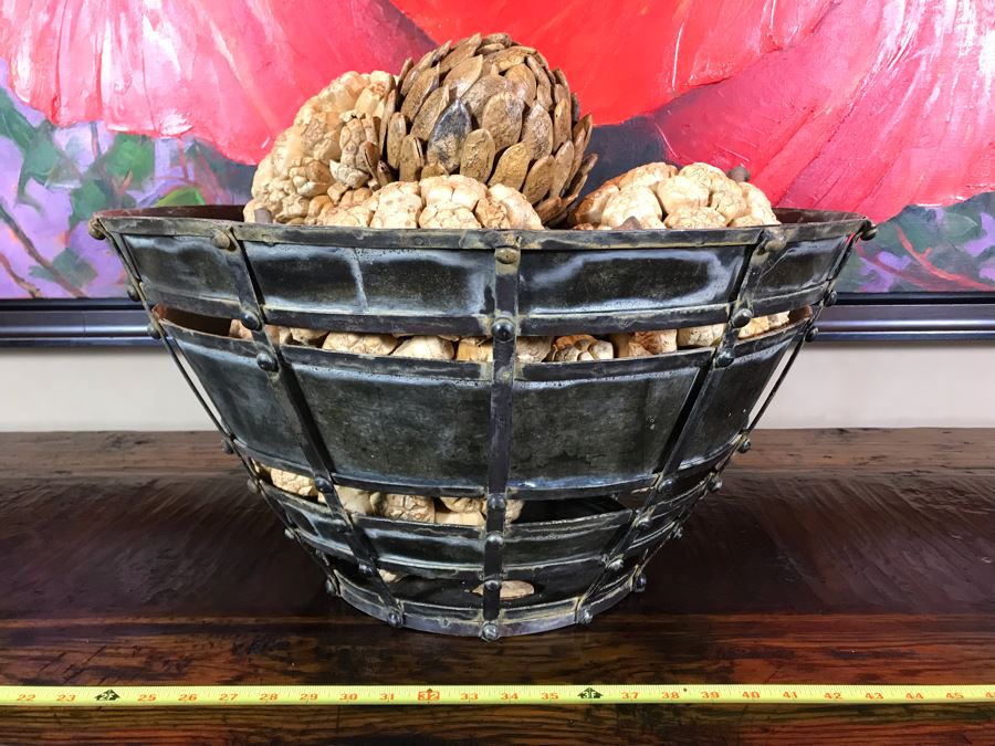 Colossal Metal Fortress Bowl With Faux Pine Cones 22W X 11.5H Retails $370 [Photo 2]