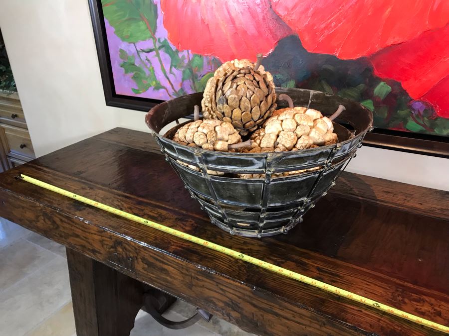 Colossal Metal Fortress Bowl With Faux Pine Cones 22W X 11.5H Retails $370 [Photo 1]