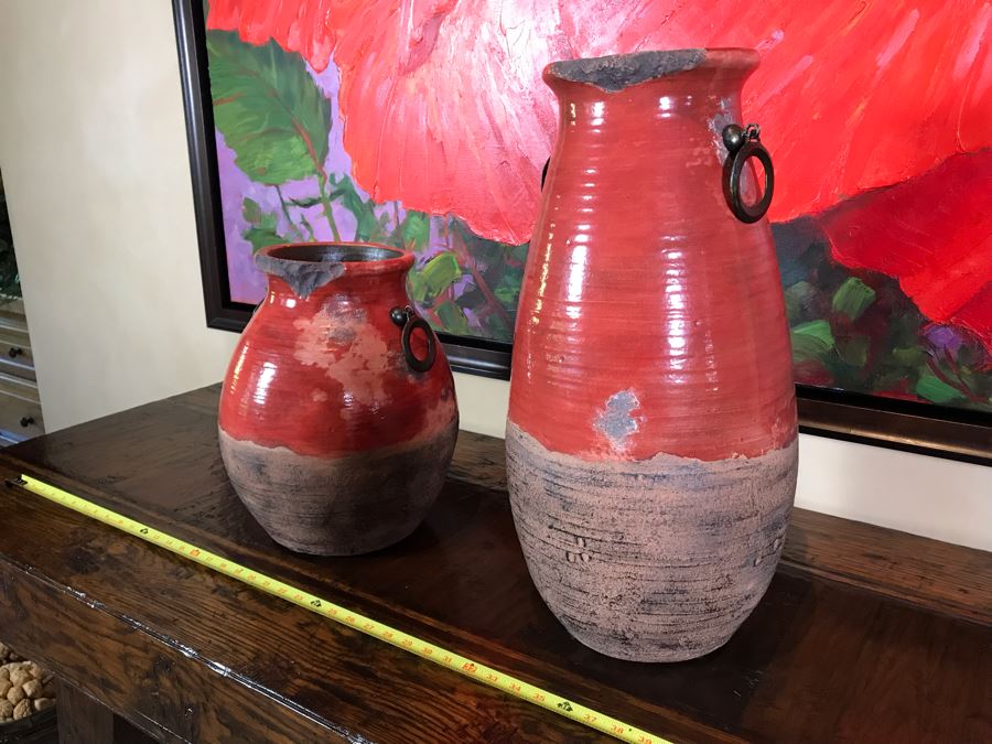 Pair Of Rustic Red Ceramic Pots By Stylecraft Lamps 15H And 22H Retails $270 [Photo 2]