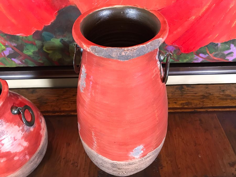 Pair Of Rustic Red Ceramic Pots By Stylecraft Lamps 15H And 22H Retails $270 [Photo 3]