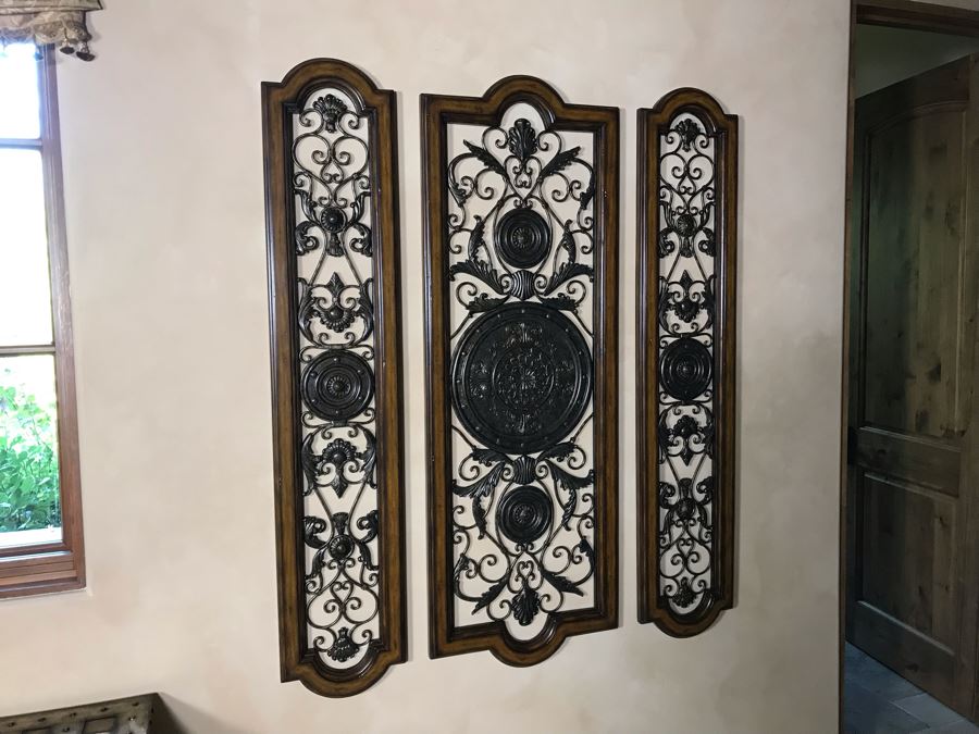 Set Of Three Wood And Metal Decorative Wall Hangings (Large Panel: 59H X 21W, Small Panels: 59H X 12.5W) Retails $1,590 [Photo 3]