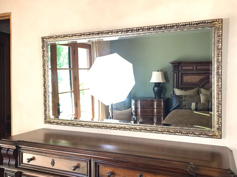 Large Antiqued Gold Tone Beveled Glass Wall Mirror 64.5W X 34H Retails $800 [Photo 3]