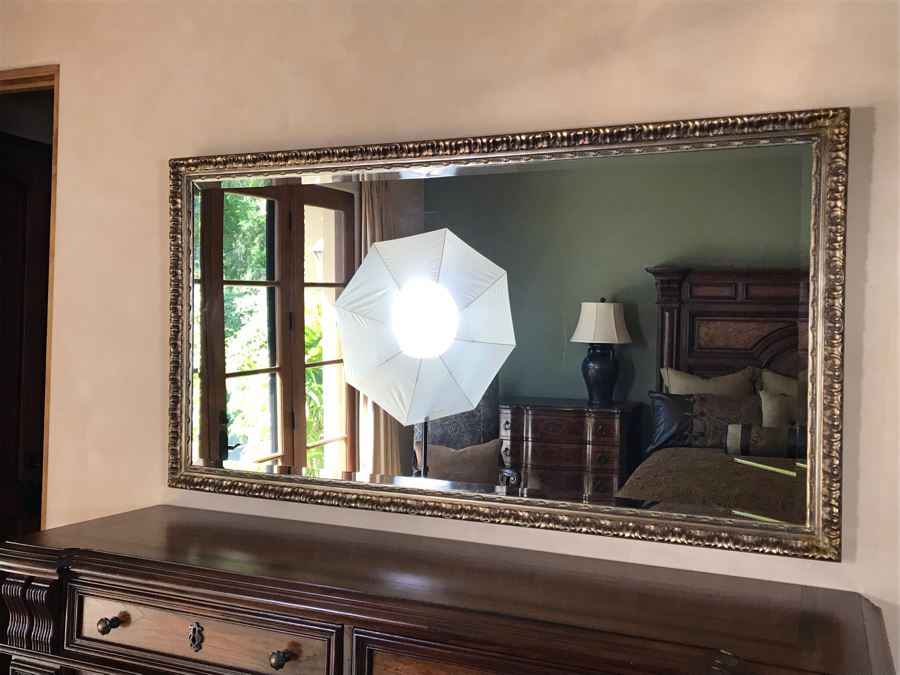Large Antiqued Gold Tone Beveled Glass Wall Mirror 64.5W X 34H Retails $800 [Photo 4]