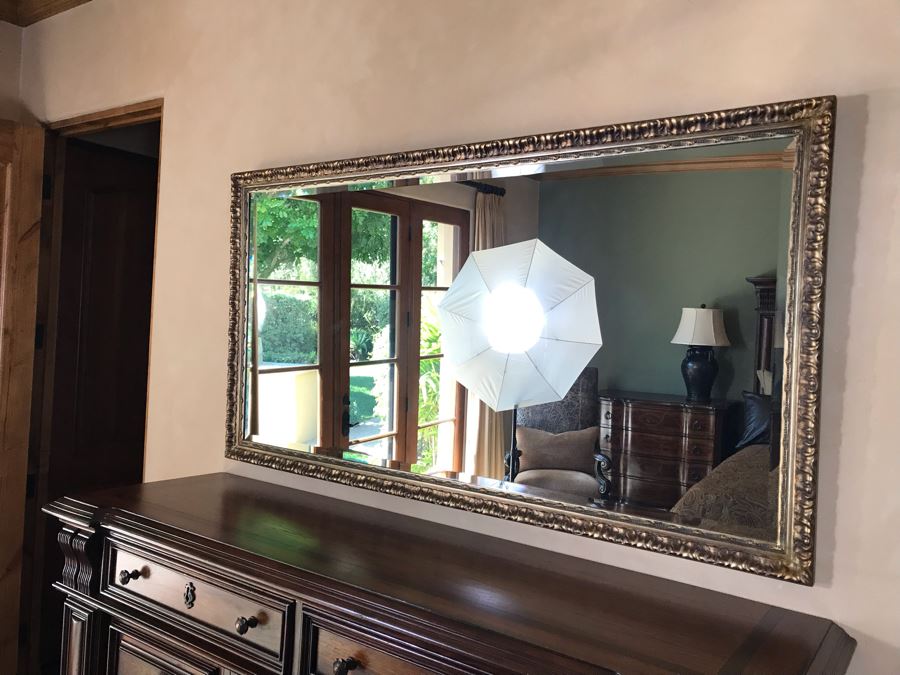 Large Antiqued Gold Tone Beveled Glass Wall Mirror 64.5W X 34H Retails $800 [Photo 2]