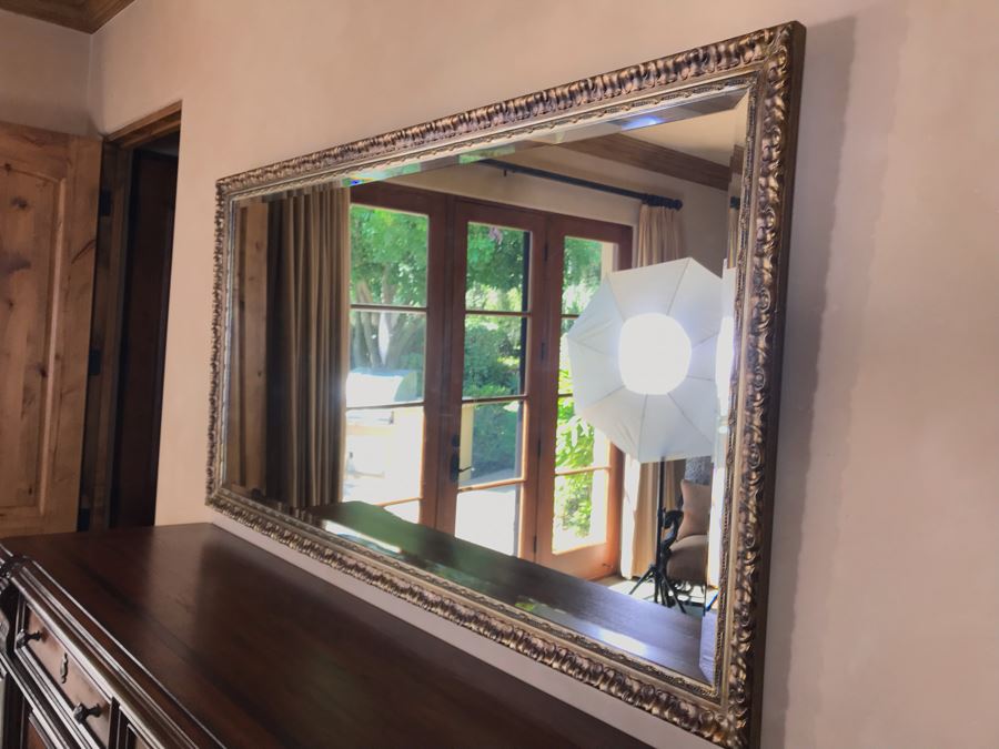 Large Antiqued Gold Tone Beveled Glass Wall Mirror 64.5W X 34H Retails $800 [Photo 9]