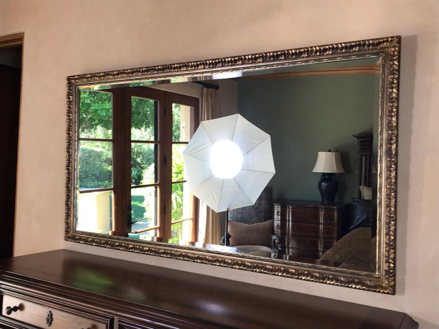 Large Antiqued Gold Tone Beveled Glass Wall Mirror 64.5W X 34H Retails $800 [Photo 1]