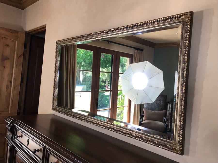 Large Antiqued Gold Tone Beveled Glass Wall Mirror 64.5W X 34H Retails $800 [Photo 10]