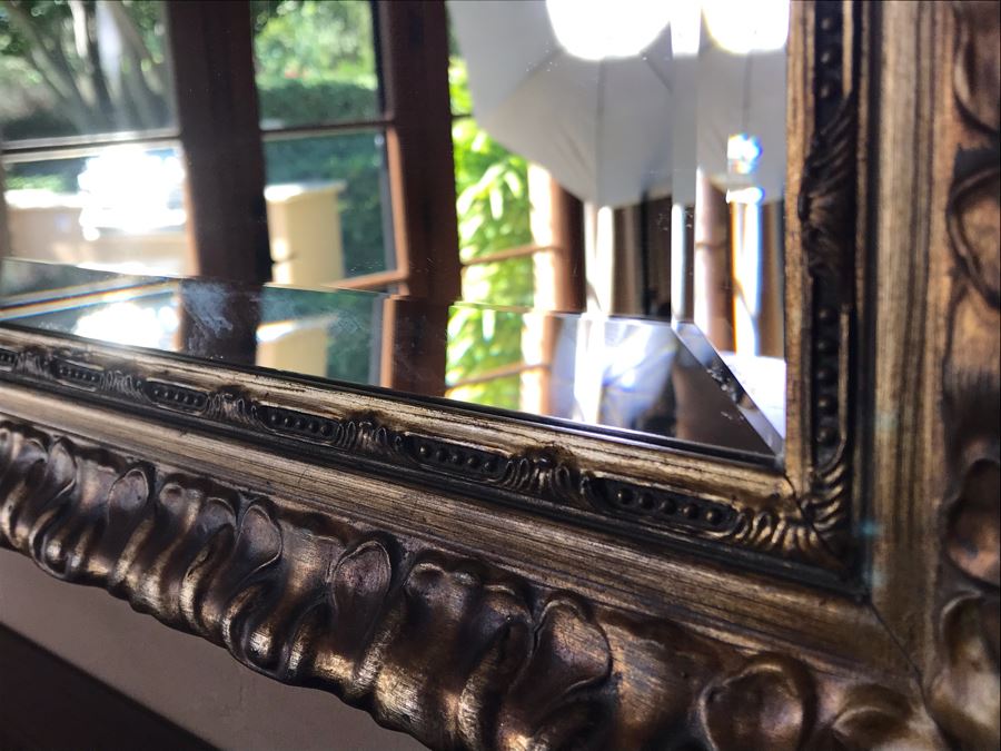 Large Antiqued Gold Tone Beveled Glass Wall Mirror 64.5W X 34H Retails $800 [Photo 6]