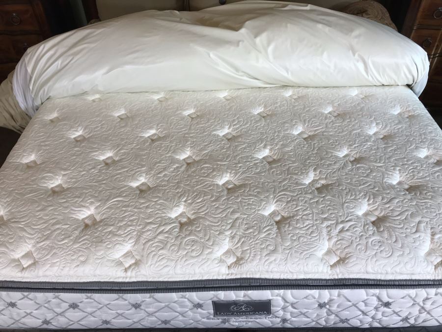 Stanley Furniture Costa Del Sol Barcelona Stateroom Mansion Bed With Lady Americana Silver Collection Nobility Cal King Mattress And High End Bedding Guest Bedroom Rarely Used 8'L X 77W X 78H (PICK UP FROM HOME) Retails Over $5,300 [Photo 16]