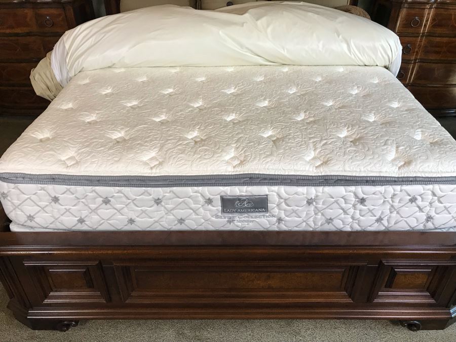 Stanley Furniture Costa Del Sol Barcelona Stateroom Mansion Bed With Lady Americana Silver Collection Nobility Cal King Mattress And High End Bedding Guest Bedroom Rarely Used 8'L X 77W X 78H (PICK UP FROM HOME) Retails Over $5,300 [Photo 13]