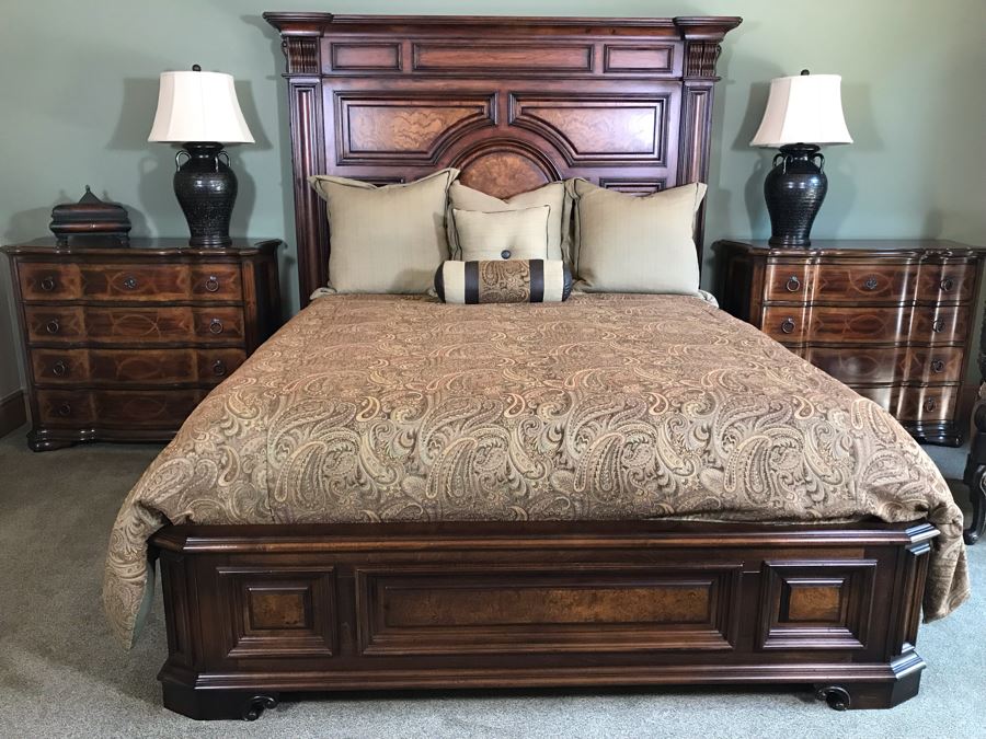 Stanley Furniture Costa Del Sol Barcelona Stateroom Mansion Bed With Lady Americana Silver Collection Nobility Cal King Mattress And High End Bedding Guest Bedroom Rarely Used 8'L X 77W X 78H (PICK UP FROM HOME) Retails Over $5,300 [Photo 3]