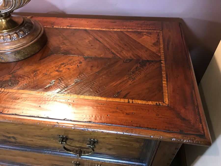 PAIR Of Century Furniture Marbella Collection Inlaid Top Dovetail Drawer 3-Drawer Chest Of Drawers Dresser Mahogany, Walnut And Maple With Solid Brass Handles 54W X 22D X 42H Retails $5,980 [Photo 5]