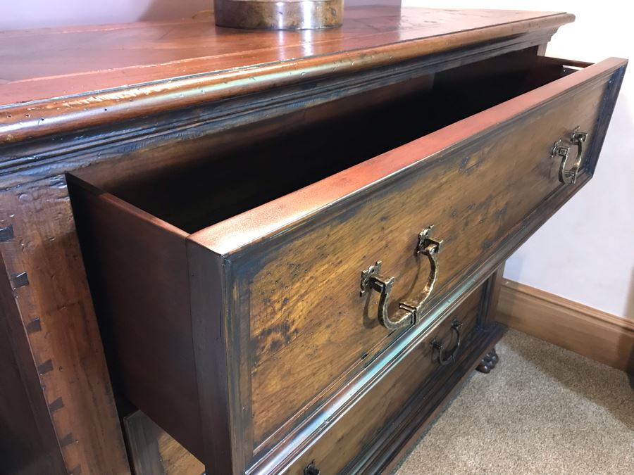 PAIR Of Century Furniture Marbella Collection Inlaid Top Dovetail Drawer 3-Drawer Chest Of Drawers Dresser Mahogany, Walnut And Maple With Solid Brass Handles 54W X 22D X 42H Retails $5,980 [Photo 9]