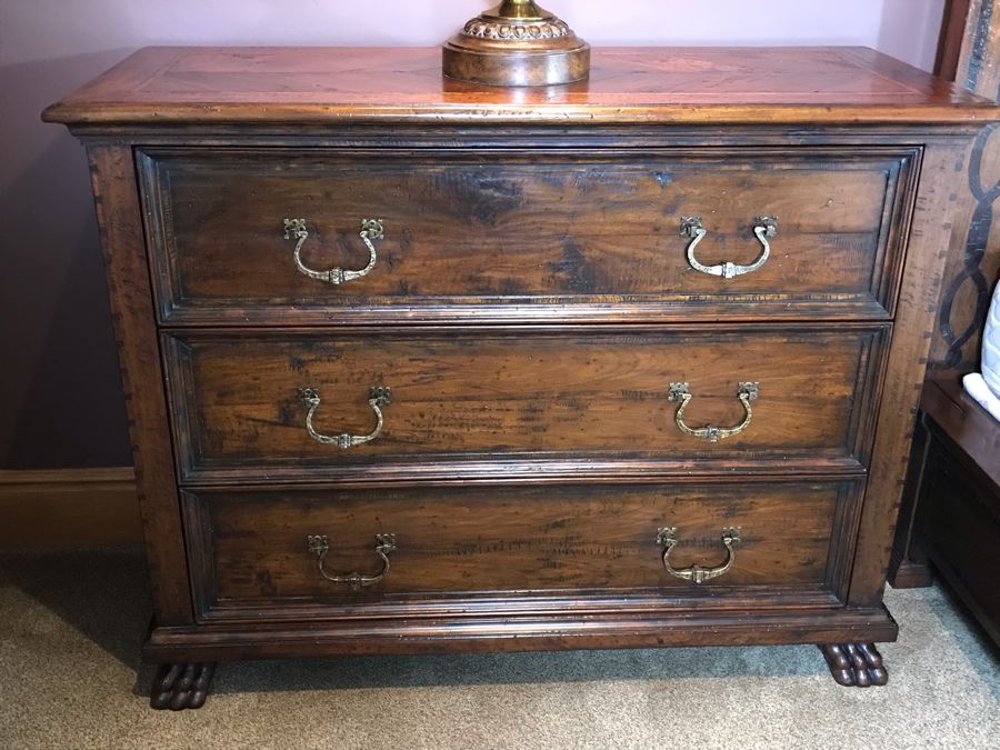 PAIR Of Century Furniture Marbella Collection Inlaid Top Dovetail Drawer 3-Drawer Chest Of Drawers Dresser Mahogany, Walnut And Maple With Solid Brass Handles 54W X 22D X 42H Retails $5,980 [Photo 12]