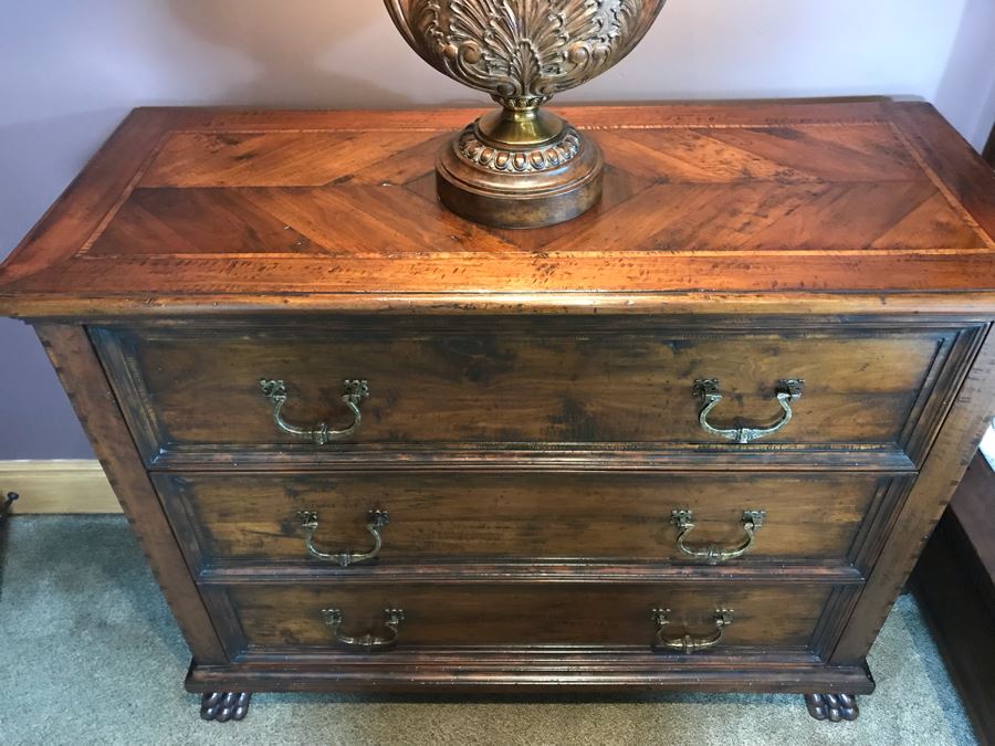 PAIR Of Century Furniture Marbella Collection Inlaid Top Dovetail Drawer 3-Drawer Chest Of Drawers Dresser Mahogany, Walnut And Maple With Solid Brass Handles 54W X 22D X 42H Retails $5,980 [Photo 16]