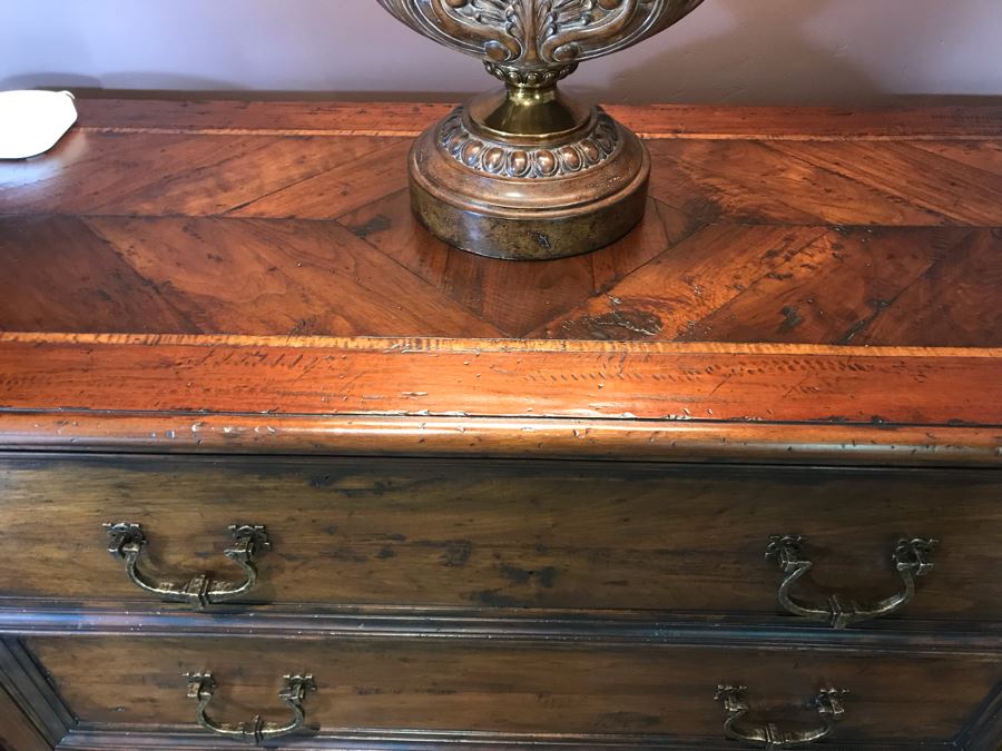 PAIR Of Century Furniture Marbella Collection Inlaid Top Dovetail Drawer 3-Drawer Chest Of Drawers Dresser Mahogany, Walnut And Maple With Solid Brass Handles 54W X 22D X 42H Retails $5,980 [Photo 6]