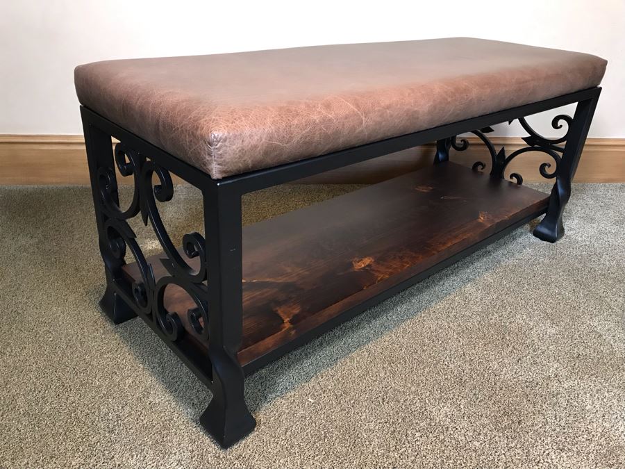 Leather Top Metal Bench With Ironwood Base 48W X 18D X 22H Retails $800 [Photo 1]