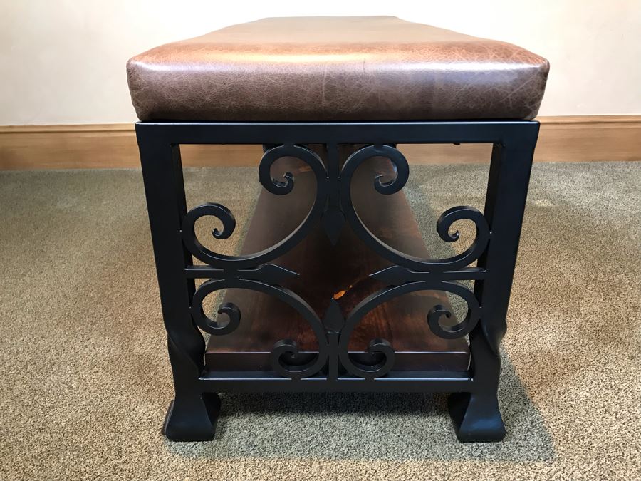 Leather Top Metal Bench With Ironwood Base 48W X 18D X 22H Retails $800 [Photo 8]
