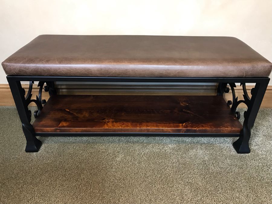 Leather Top Metal Bench With Ironwood Base 48W X 18D X 22H Retails $800 [Photo 5]