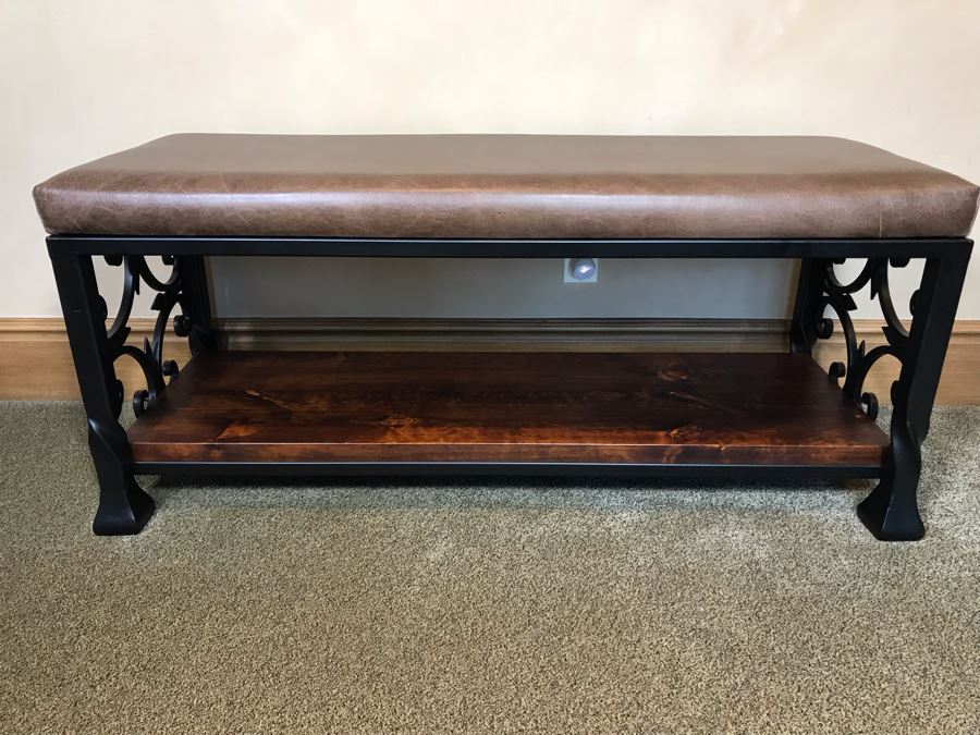 Leather Top Metal Bench With Ironwood Base 48W X 18D X 22H Retails $800 [Photo 4]