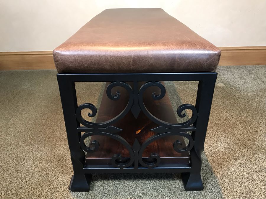 Leather Top Metal Bench With Ironwood Base 48W X 18D X 22H Retails $800 [Photo 7]
