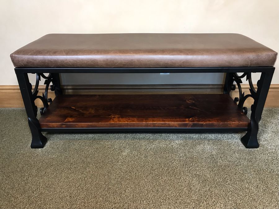 Leather Top Metal Bench With Ironwood Base 48W X 18D X 22H Retails $800 [Photo 3]