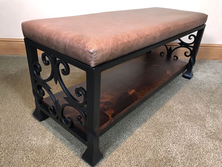 Leather Top Metal Bench With Ironwood Base 48W X 18D X 22H Retails $800 [Photo 2]