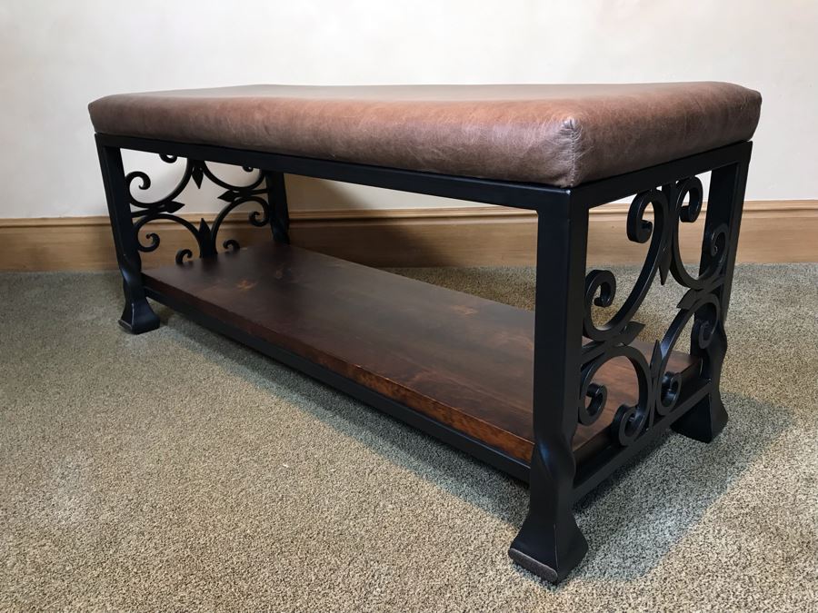Leather Top Metal Bench With Ironwood Base 48W X 18D X 22H Retails $800 [Photo 9]