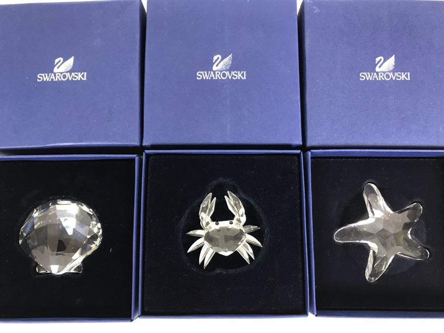 Swarovski Crystal Seashell, Crab And Starfish Figurines In Original Boxes [Photo 1]
