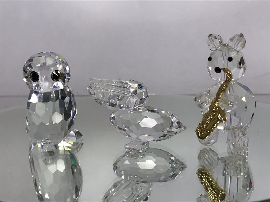 Swarovski Crystal Small Owl, Pelican And Saxophone Playing Bear - No Boxes [Photo 1]