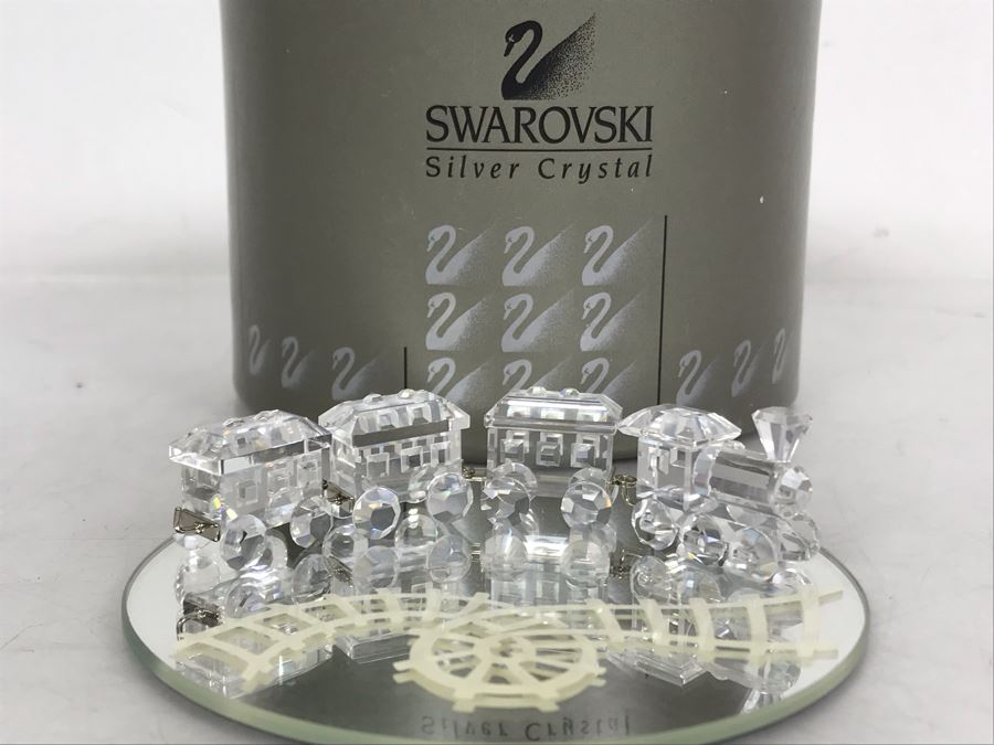 Swarovski Silver Crystal Train Set With Display Mirror And Original Box [Photo 2]