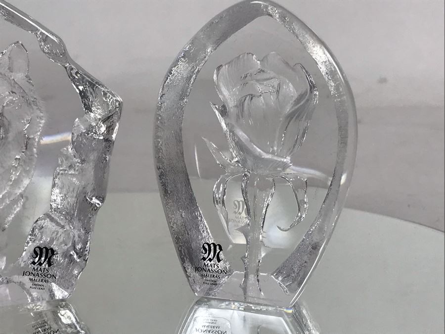 Pair Of Mats Jonasson Maleras Sweden Lead Crystal Small Crystal Sculptures Wolf And Rose [Photo 5]