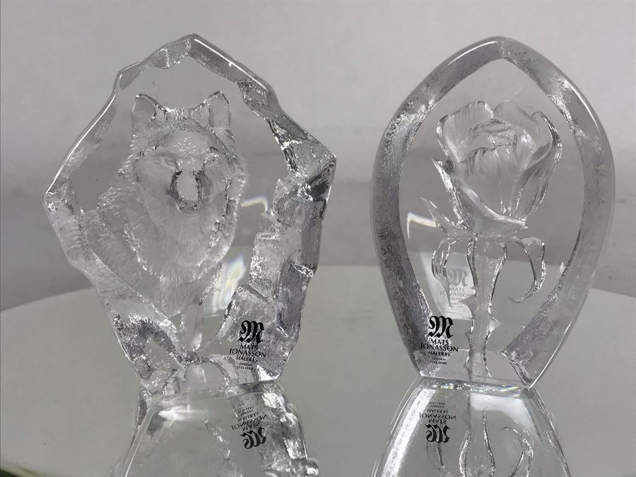 Pair Of Mats Jonasson Maleras Sweden Lead Crystal Small Crystal Sculptures Wolf And Rose [Photo 2]
