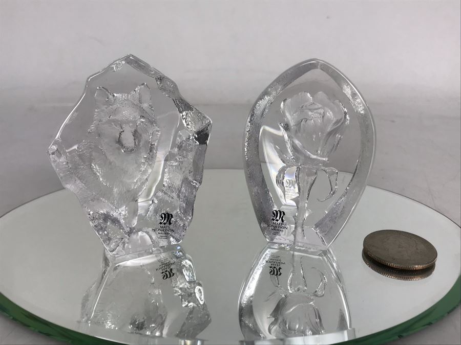 Pair Of Mats Jonasson Maleras Sweden Lead Crystal Small Crystal Sculptures Wolf And Rose [Photo 1]