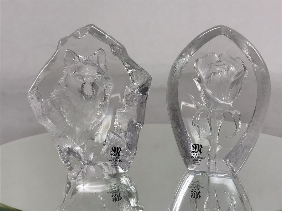 Pair Of Mats Jonasson Maleras Sweden Lead Crystal Small Crystal Sculptures Wolf And Rose [Photo 3]