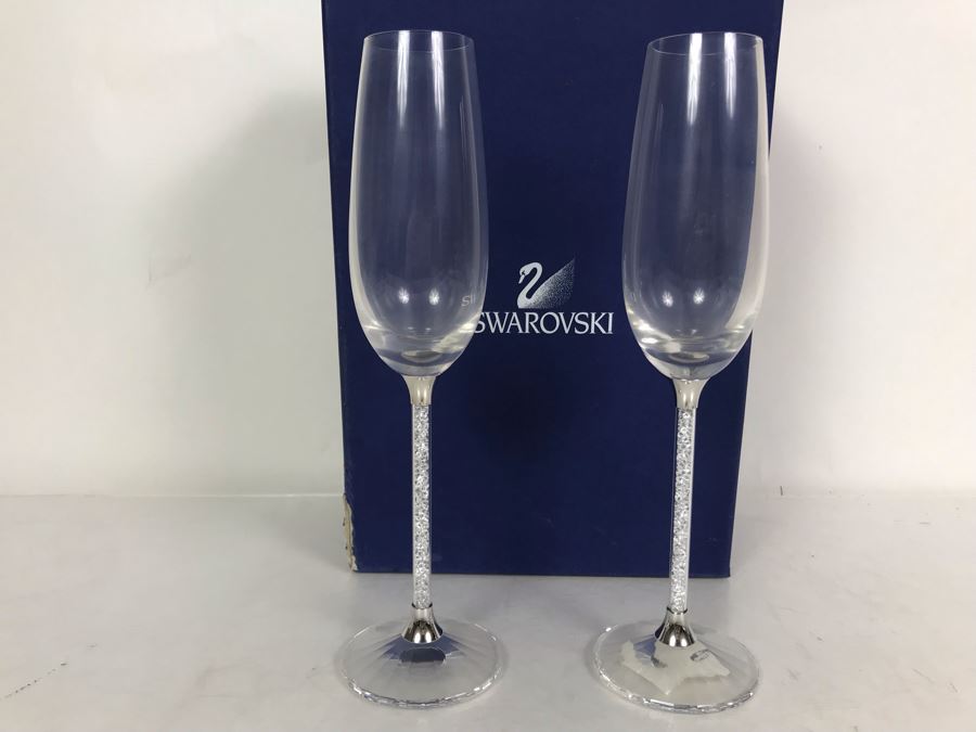 Steven Weinberg For Swarovski Crystal Crystalline Toasting Flutes Champagne Stemware Glasses With Original Box Retails $399 [Photo 5]
