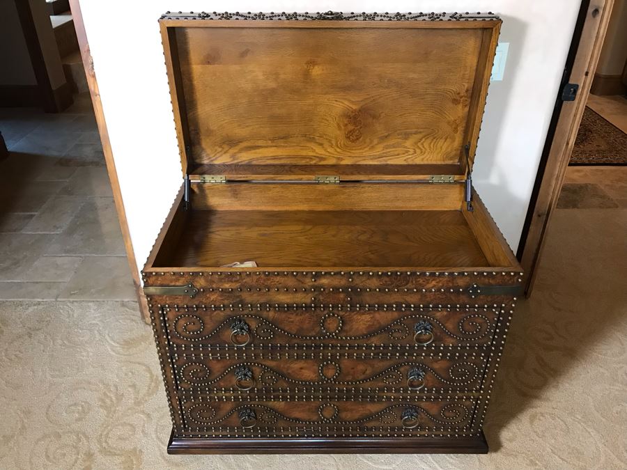 Monarch Fine Furniture For Century Impressive Courier's Chest Soft Antique Finished Hickory Burl Lidded And Drawer Chest Heavily Studded With Brass Nailheads 40W X 20D X 32H Retails $2,760 [Photo 4]