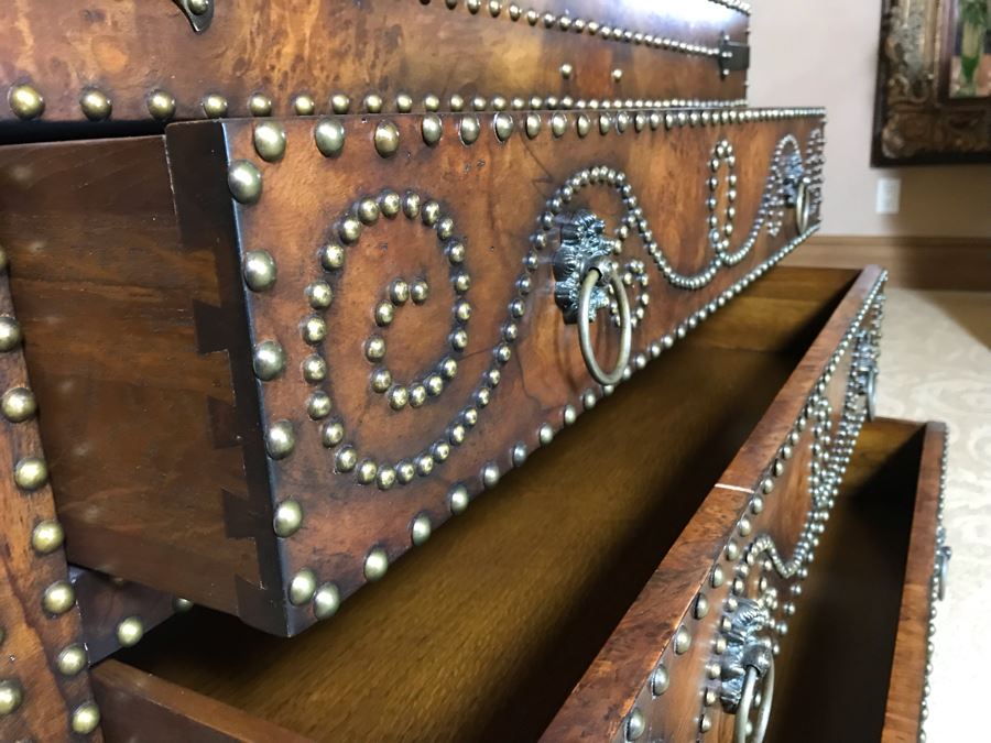 Monarch Fine Furniture For Century Impressive Courier's Chest Soft Antique Finished Hickory Burl Lidded And Drawer Chest Heavily Studded With Brass Nailheads 40W X 20D X 32H Retails $2,760 [Photo 10]